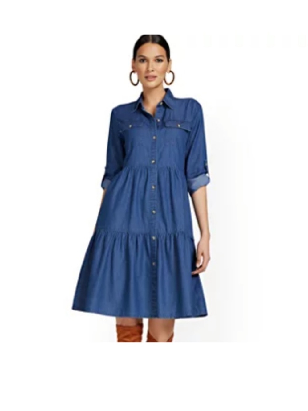 Do NOT buy  sz Large dark blue wash cotton denim Chambray Tiered dress pockets